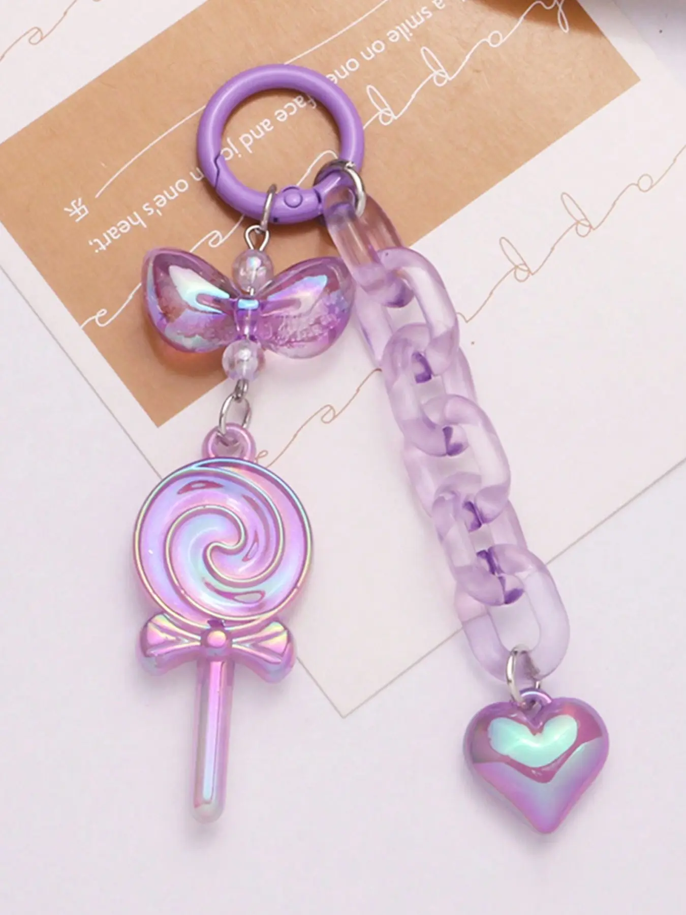 Sparkling Lollipop Keychain Pendant with Colorful Open Ring and Heart Decoration, Cute Boho Accessory for Bags, Office Desk Decor Gift