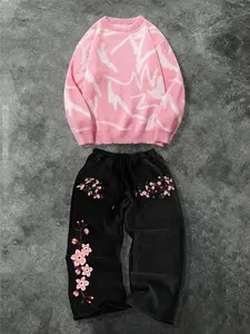 Men's Fashion Casual Two-Piece Set, Soft Comfortable Round Neck Sweater and Drawstring Waist Wide Leg Pants, Spring Fall Winter Home Wear