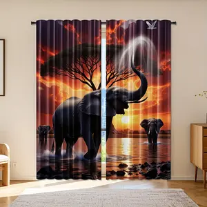 2pcs Elephant Print Curtains - Rod Pocket, Light Filtering Polyester Drapes with Vibrant African Sunset Scene, Machine Washable - Ideal for Bedroom, Living Room, Office Decor, Curtains for Living Room