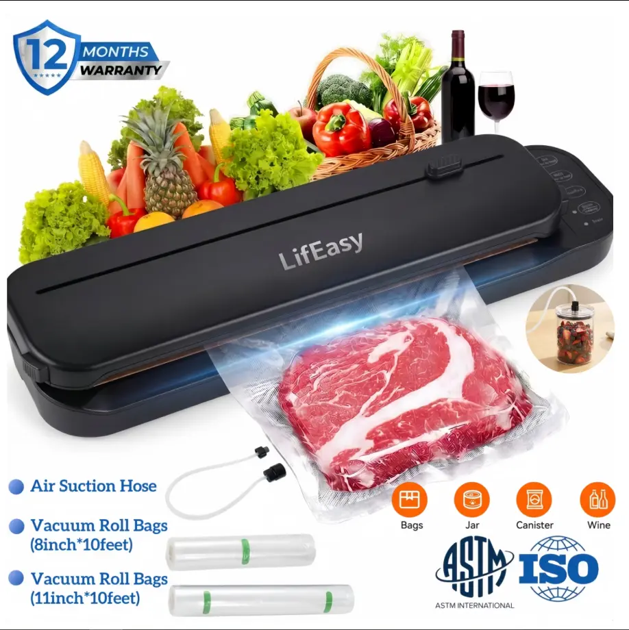 LifEasy VS2203 Food Vacuum Sealer Machine, 80kPa, 6-in-1 Modes, Dry & Moist Modes, Built-in Cutter, External Suction, 2 Rolls Bags & Starter Kit