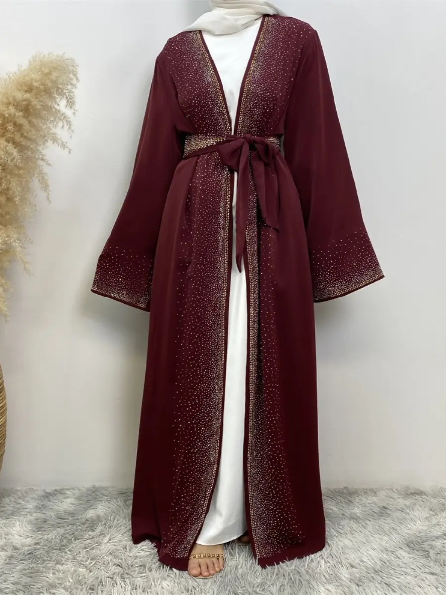 Women's Glitter Rhinestone Embellished Abaya, Long Sleeve Open Front Belted Cardigan, Modest Islamic Dress, Dubai Kaftan Outerwear for Spring Fall