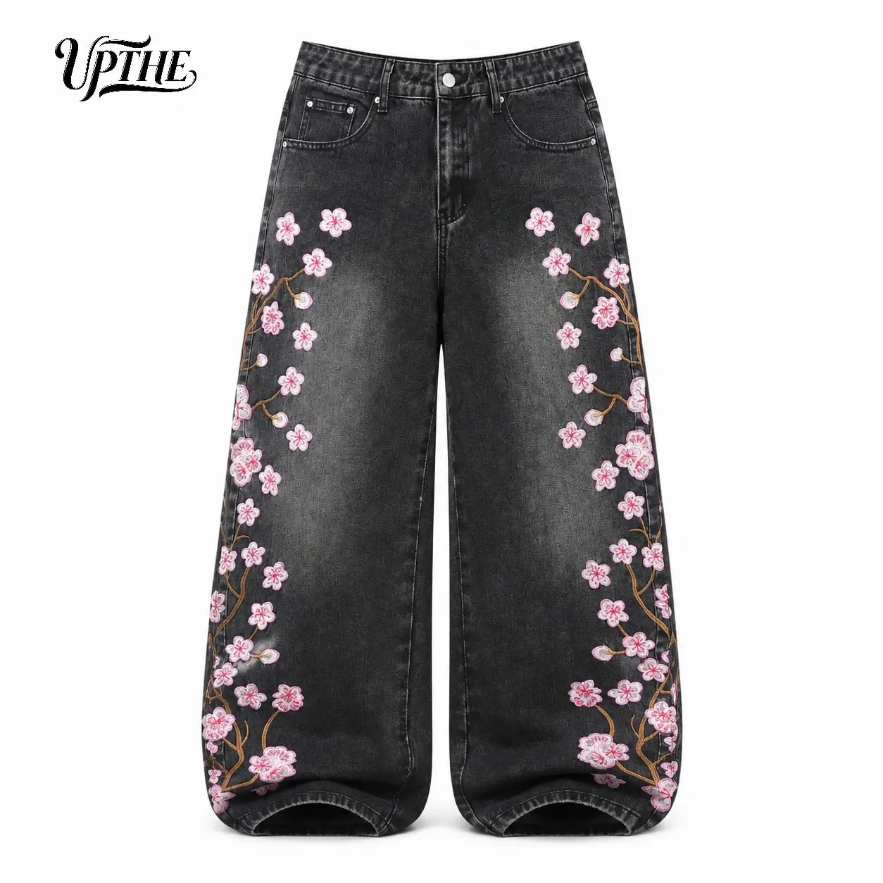 UP.THE Side Cherry Blossom Sakura Embroidery Oversized Wide Leg Baggy Black Washed Jeans Men Vintage Faded Stacked Denim Pants Y2K Oriental Hip Hop Skater Streetwear Daily Casual Outfit