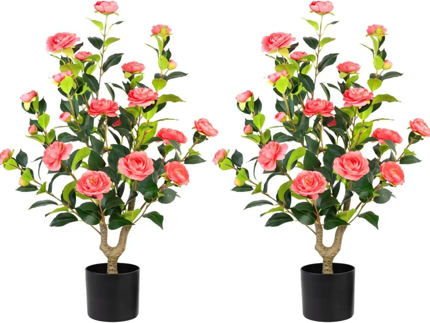 3.2FT PINK Camellia Tree, 2 Pack Faux Plant Indoor Outdoor Decor | Bright red flowers paired with green leaves, no maintenance. Ideal for indoor and outdoor home decoration