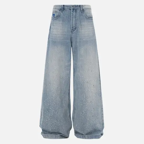 Aelfric Eden Men's Rhinestone Decor Stretch Cotton Fashion Jeans - Relaxed Fit, Loose Mid-Low Rise Baggy Wide-Leg, Chic, Pockets, Unisex 2000s Y2K Vintage Casual Streetwear Bottoms