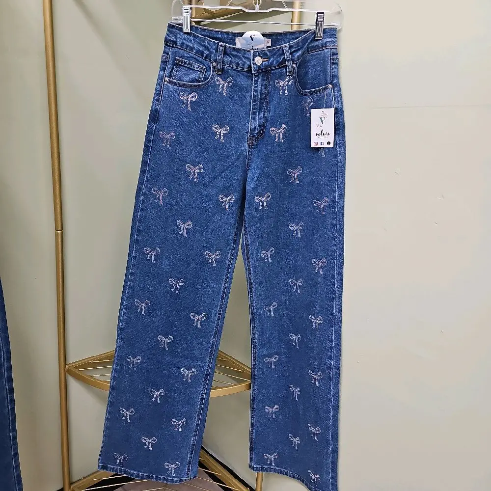 Alexandra's Pretty Denim Women Jeans with Rhinestone Bow Pattern Stylish Fashionable Denim Pants