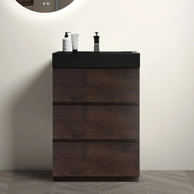 Alice 24" Walnut Bathroom Vanity with Sink, Large Storage Freestanding Bathroom Vanity for Modern Bathroom, One-Piece Black Sink Basin without Drain and Faucet, Pre-assembled    RR