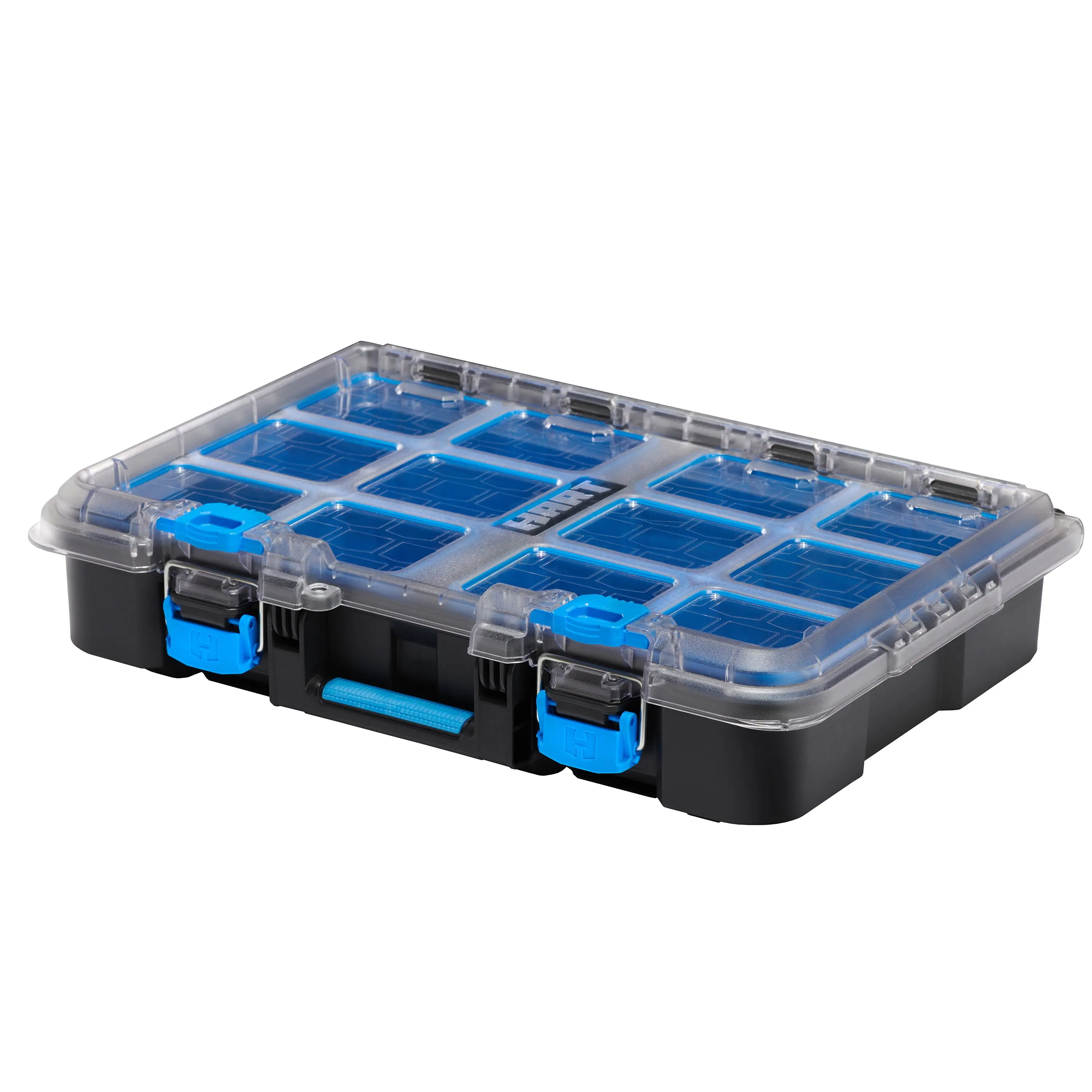 HART Stack System Small Parts Organizer with Removable Bins, Black with Blue Accents