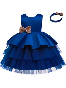 Girl's Contrast Sequin Bow Decor Fit and Flare Dress & Hair Band Set, Elegant Tiered Layer Sleeveless Party Dress Set for Performance Show Wedding Guest, Kids Clothes for All Seasons, Princess Seraphina Dress
