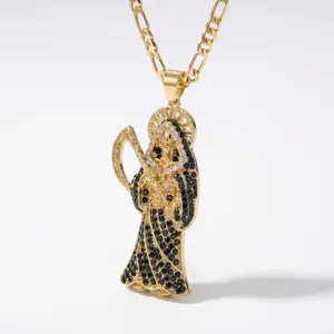 Santa Muerte 6CM Big Pendant With 4,5MM Figaro Flat Chain 22'' In Real 14K Gold Plated No Tarnish Charm Necklace
