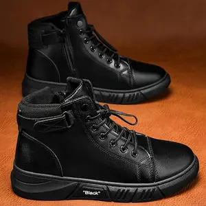 Men'sCasualHigh-TopFauxBoots-Black,VersatileforAllSeasons,Lace-Up&ZipClosure,ComfortableFabricLining