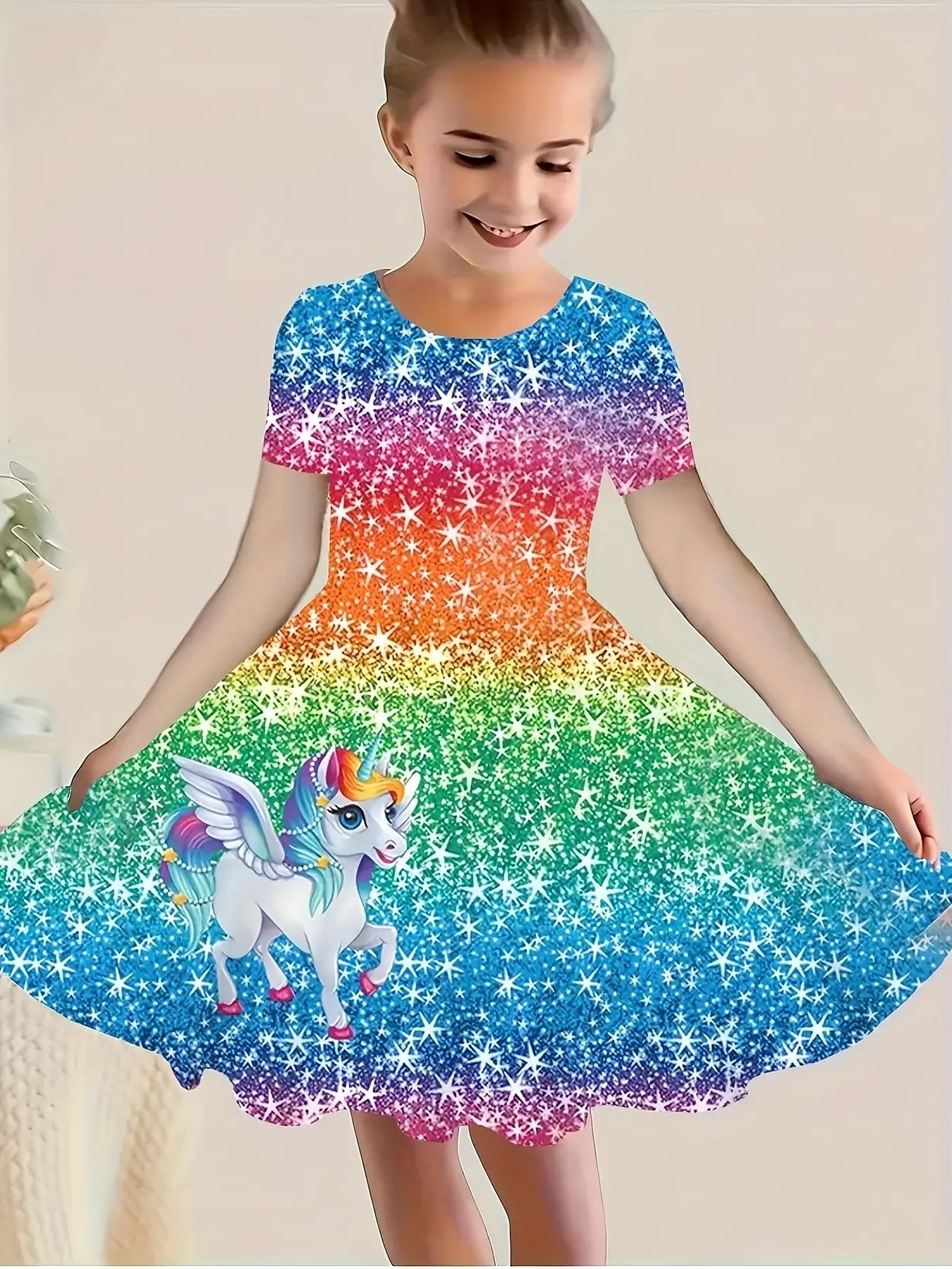2026 Summer Girls' Rainbow Sequin Wings Unicorn Print Short Sleeve Dress, Kids Sparkly Star A-Line Dress, Casual Cartoon Pattern, Birthday Dress, Birthday Clothes, Children