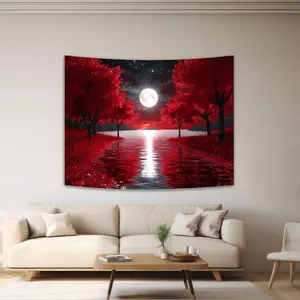 Summervibes 1PC,2D Flat Red Moonlit Night Red Mangrove Lake Scenery Tapestry, Bedroom And Living Room Decoration Cloth, Art Wall Cloth Background Cloth, Suitable For Home Decoration, Adding A Romantic Atmosphe, Tapestry Wall Mural, Decor Items,summervibes