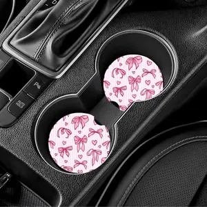 Car Coaster Set Of 2 with Pink Bow and Heart Design for Car Cup Holders