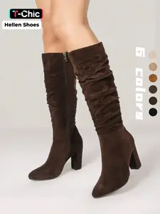 Women's Fall Winter Fashion Over-The-Knee Boots, High Boots, Side Zipper Chunky Heel, Comfortable Textile Upper, Rubber Sole, Versatile Style