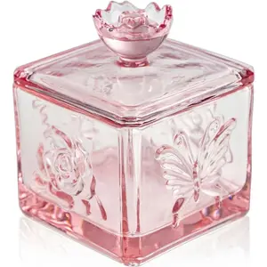 Cute Glass Vintage Candy Jar with Lid, Iridescent Colored Glass Candy Jar for Office Desk, Pink Candy Dishes for Candy Buffet, Cookie Jar 4.5” Tall