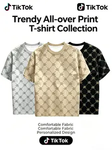 3-Piece Set Fashion Floral All-Over Print Short Sleeve T-Shirts, Loose Breathable Comfort Fabric, Unisex Summer Casual Tops