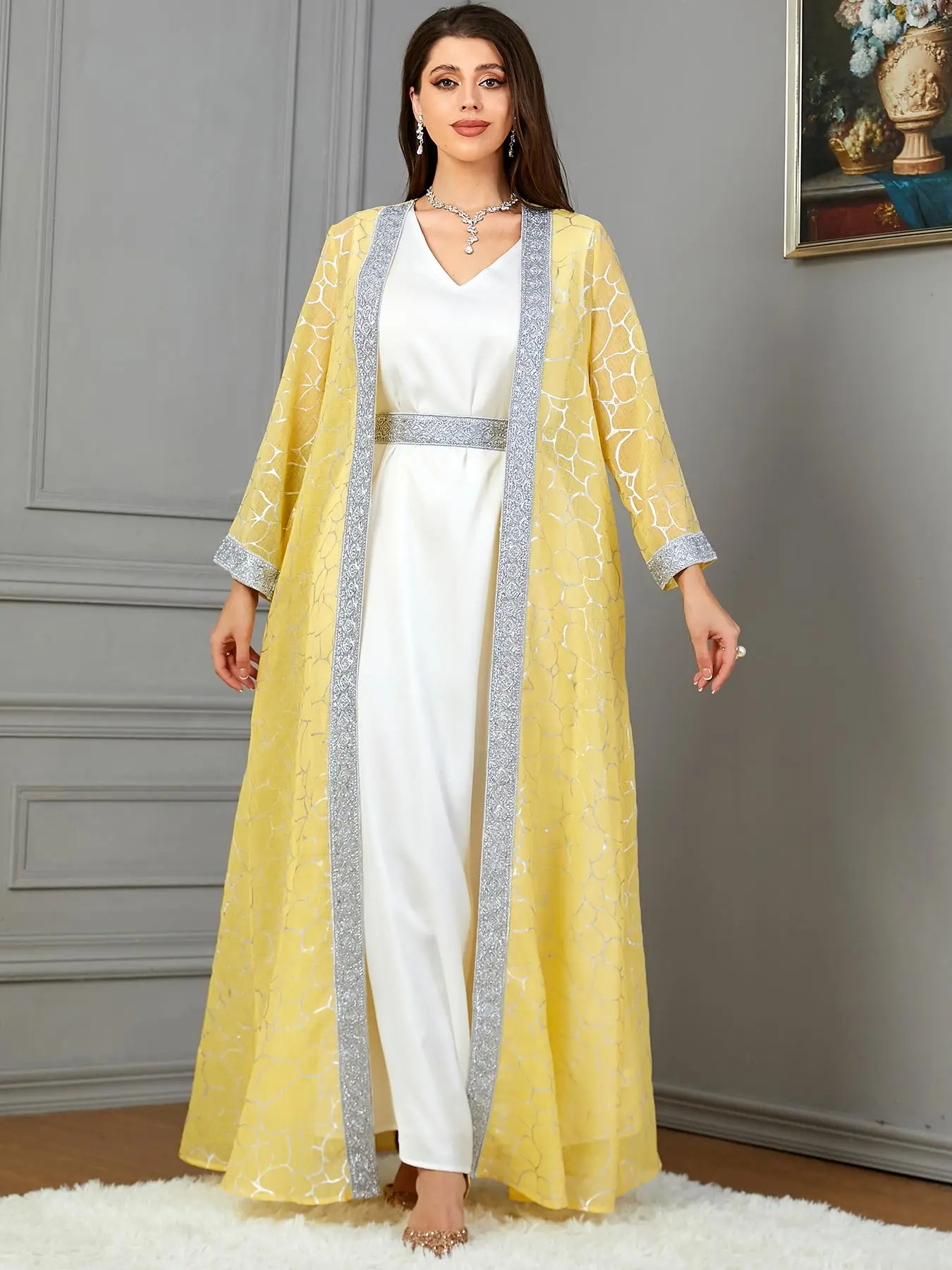 Women's Patchwork Print Islamic Set, Modest Long Sleeve Abayas & V Neck Arabian Dress Set, Ladies Two-piece Arabic Outfits, Women's Islamic Clothing,