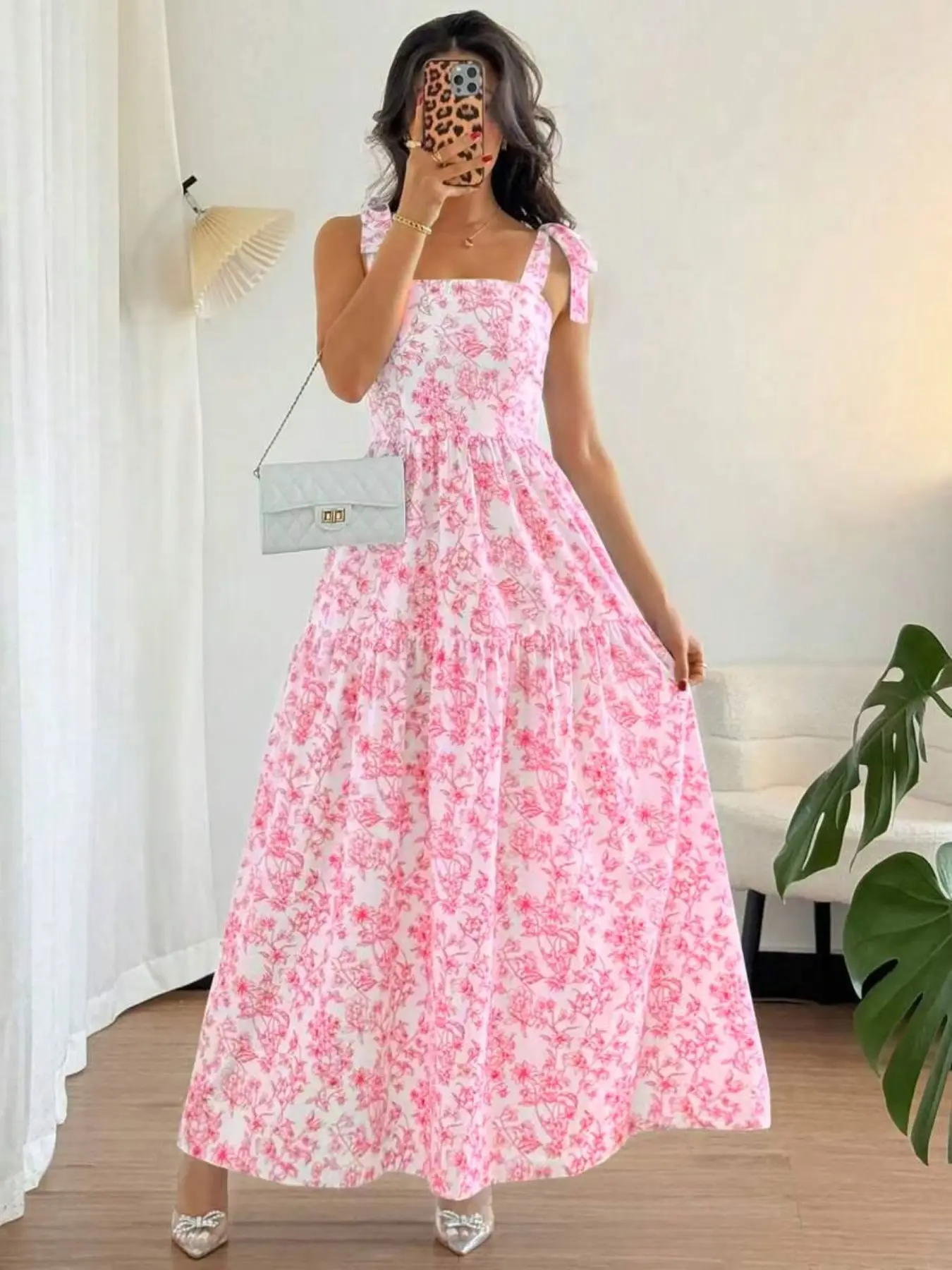 French Elegant Casual Comfy Boho Style Bohemian Pleated Waist Floral Bell Dress, Sleeveless Flowy Summer Dress, Light Blue Floral Print, Perfect for Warm Weather, Bohemian Summer Dresses, Boho Summer Clothes, Womenswear
