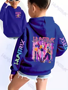 Girls Kpop Demon Hunters Hoodie, Cartoon Pattern, Fitted Casual Sportswear, Autumn Winter Elastic Fabric, Christmas Gift, Daily Wear,Demon Hunters Kpop Merch