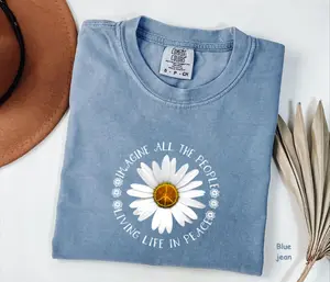 Comfort Colors Imagine Peace T-Shirt – Floral Daisy Peace Sign Tee, John Lennon Inspired, Retro Hippie Shirt, Boho Peace Quote Tee, For Woman
