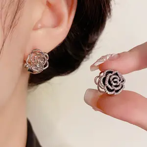 Shiny niche fashion double-sided camellia earrings with unique design, DDES0296 exquisite and versatile, super shiny earrings 14KGold-Plated