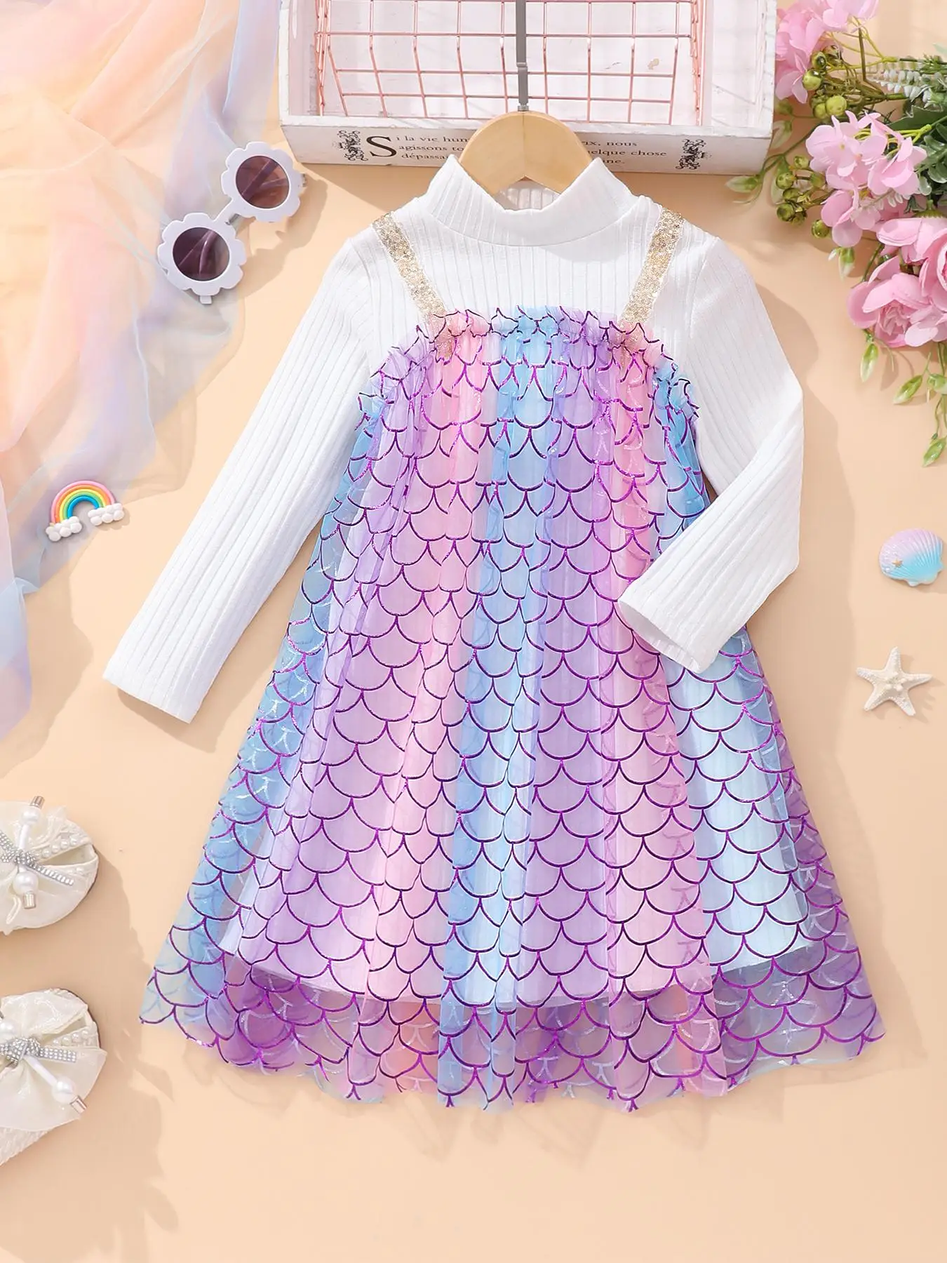 Girl's 2 in 1 Fish Scale Print Mesh Overlay Contrast Sequin Dress, Cute Frill Trim Mock Neck Long Sleeve Dress for Party Holiday, Kids Clothes for Fal
