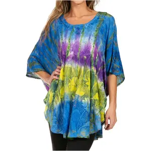 Sakkas Ellesa Ombre Tie Dye Circle Poncho Blouse Shirt Top With Sequin Embroidery
