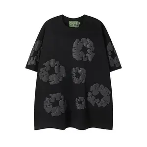 Denim Tears Men's 3D Foam Floral Print T-Shirt, Hip Hop Streetwear Casual Oversized Short Sleeve Top, Casual sports shorts