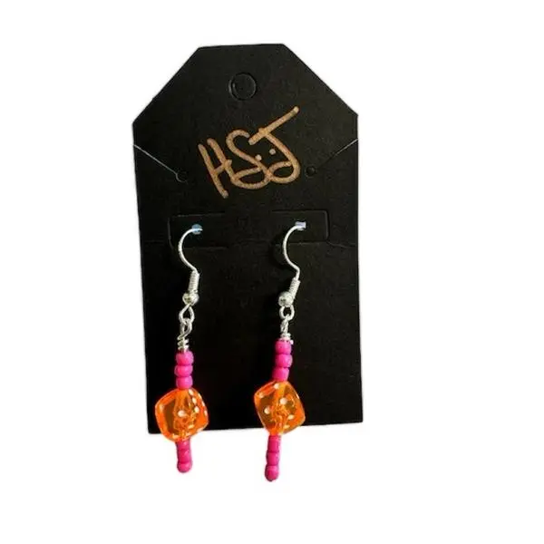 Orange Dice Earrings - Elegant Design with Orange Beads and Pink Accents, Perfect for Any Occasion