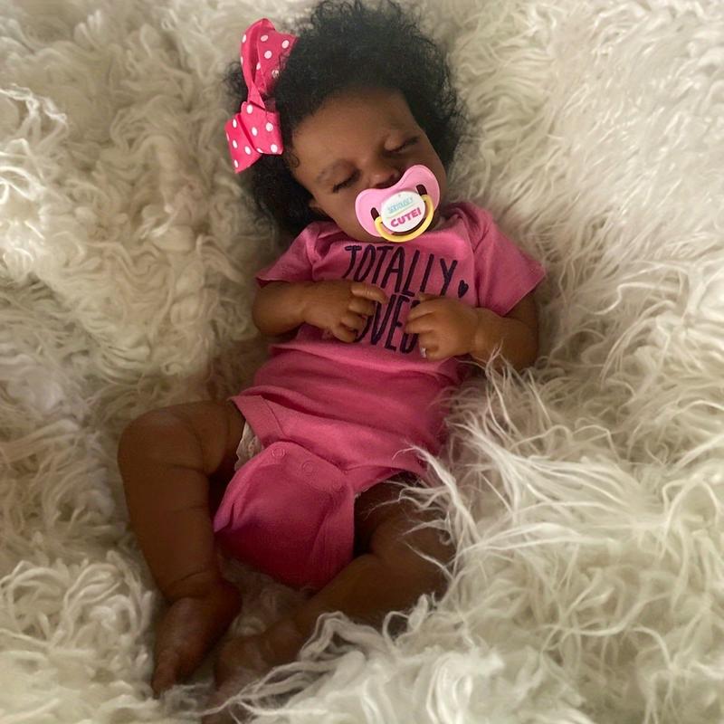 19 Inch/49CM Real Mini Size Hand Rooted Curly Hair Newborn Dolls, Dark Brown Skin, Soft Touch Handmade Dolls, Halloween/Thanksgiving Day/Christmas Gift