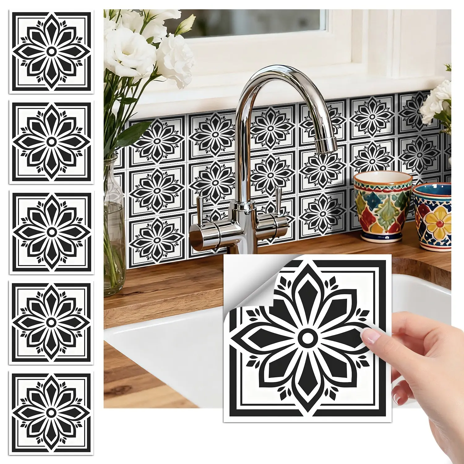24PCS/Box FHZ Classic Art Tile Stickers | Light Blue & White Vintage Floral Pattern | PET Matte Self-Adhesive Waterproof Oil-Proof | For Kitchen Backsplash/Bathroom/Bedroom/Office/Furniture/Stairs Wall Decor
