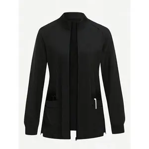 Multi-pocket Black Long Sleeve Women's Casual Jacket Beauty Salon Workwear Laboratory Doctor Nurse Jacket