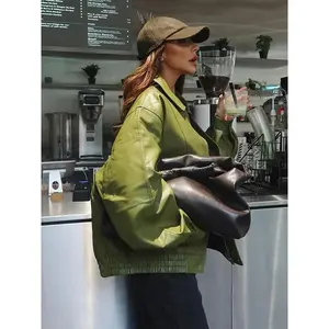 Autumn–Winter Fashion Olive Green Collared Zip-Up Jacket – Casual yet elegant, machine washable coat; an essential for commuting and everyday wear. Women’s tops.