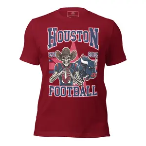 Houston Football Fan Gift T-Shirt Skeleton Player H-Town Sports Apparel Fitted Short Sleeve Crew Neck Vintage Retro Summer Tee