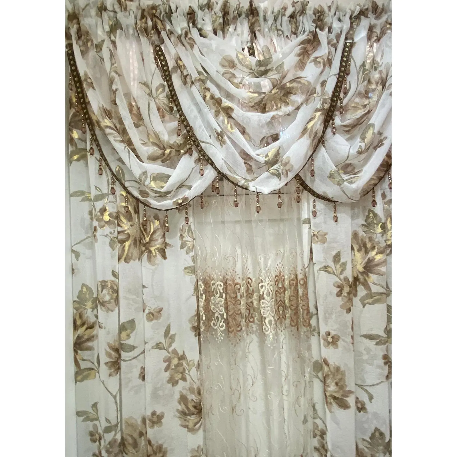 Anna Brown 6PC Curtain Set with Amy Embroidered Curtain & Crystal Valances