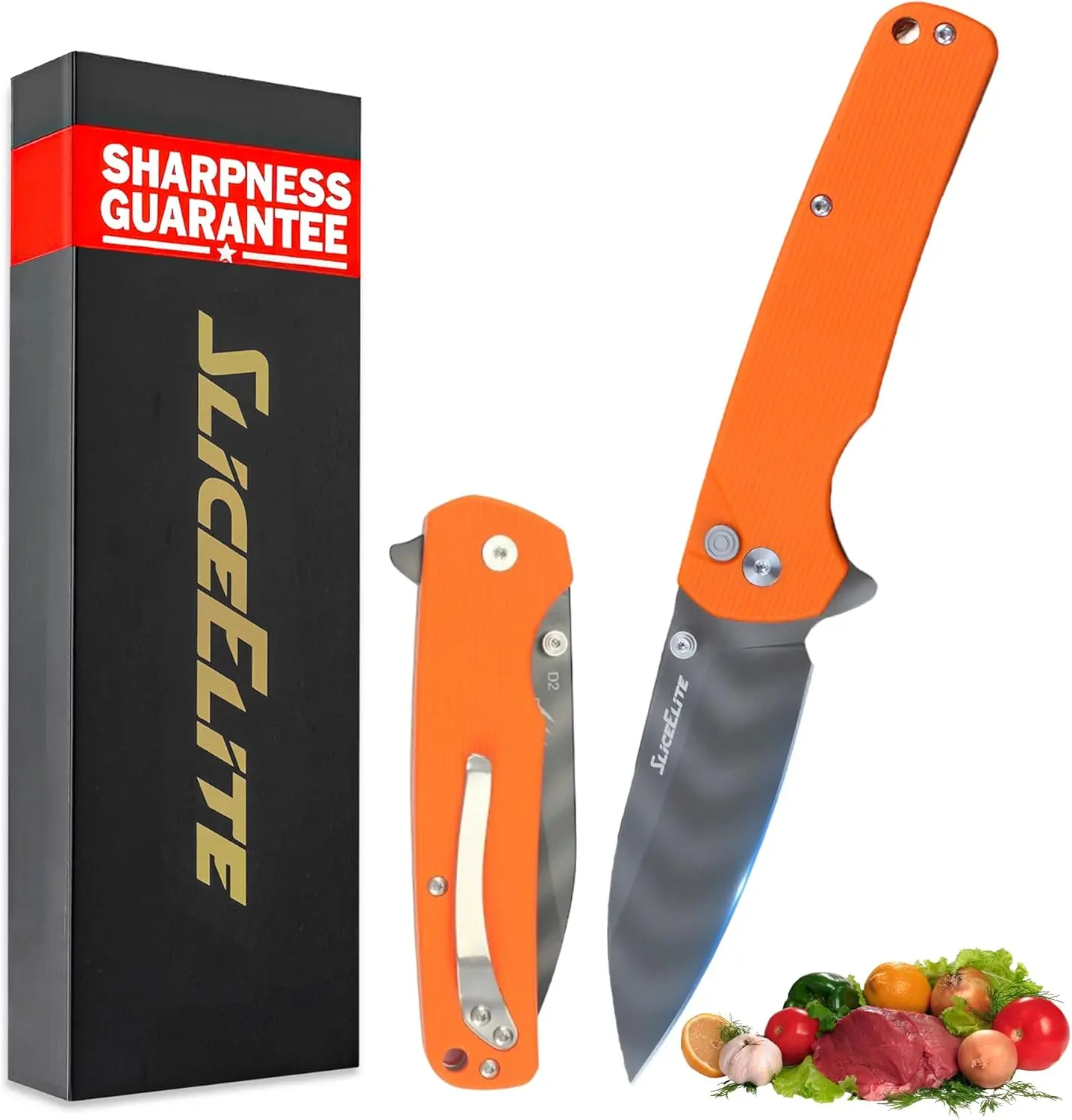 SliceElite Tiger Claw Folding Knife 3.5-Inch | D2 Steel Drop Point Blade with Titanium Striped Finish, Orange G10 Handle & Pocket Clip | EDC Button Lock Pocket Knife for Outdoor & Everyday Carry