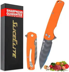 SliceElite Tiger Claw Folding Knife 3.5-Inch | D2 Steel Drop Point Blade with Titanium Striped Finish, Orange G10 Handle & Pocket Clip | EDC Button Lock Pocket Knife for Outdoor & Everyday Carry