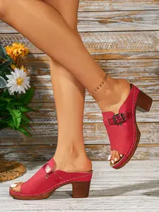 Summer Vintage Chunky Heel Mid-Heel Open Toe Sandals Adjustable Buckle Comfortable Versatile Outdoor Wear Mules Shoes