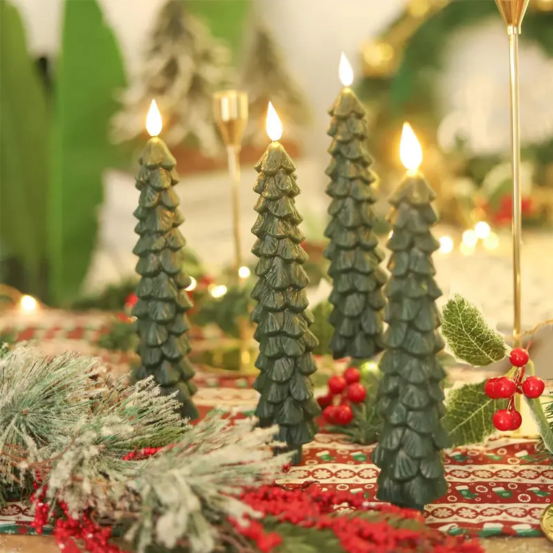 4PCS Christmas Tree Flameless Taper Candles candlesticks Remote Timer | Green, Christmas Tree Candlesticks, Battery Operated Led Candle, Christmas Home Winter Decoration
