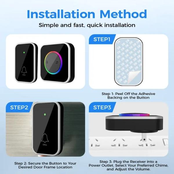 doorbell chimes, Wireless Doorbell, Easy installation, Waterproof, Adjustable Volume, 45 Chimes, Colorful LED, 1000Ft Range, M488-BS, Black IP44 (1 receiver 1 button)