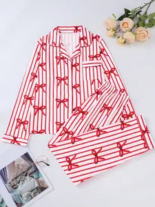 【clearance sale】Comfortable Nightwear Pajamas Long Sleeve Red & White Striped with Bow Details for Stylish & Cozy Sleepwear