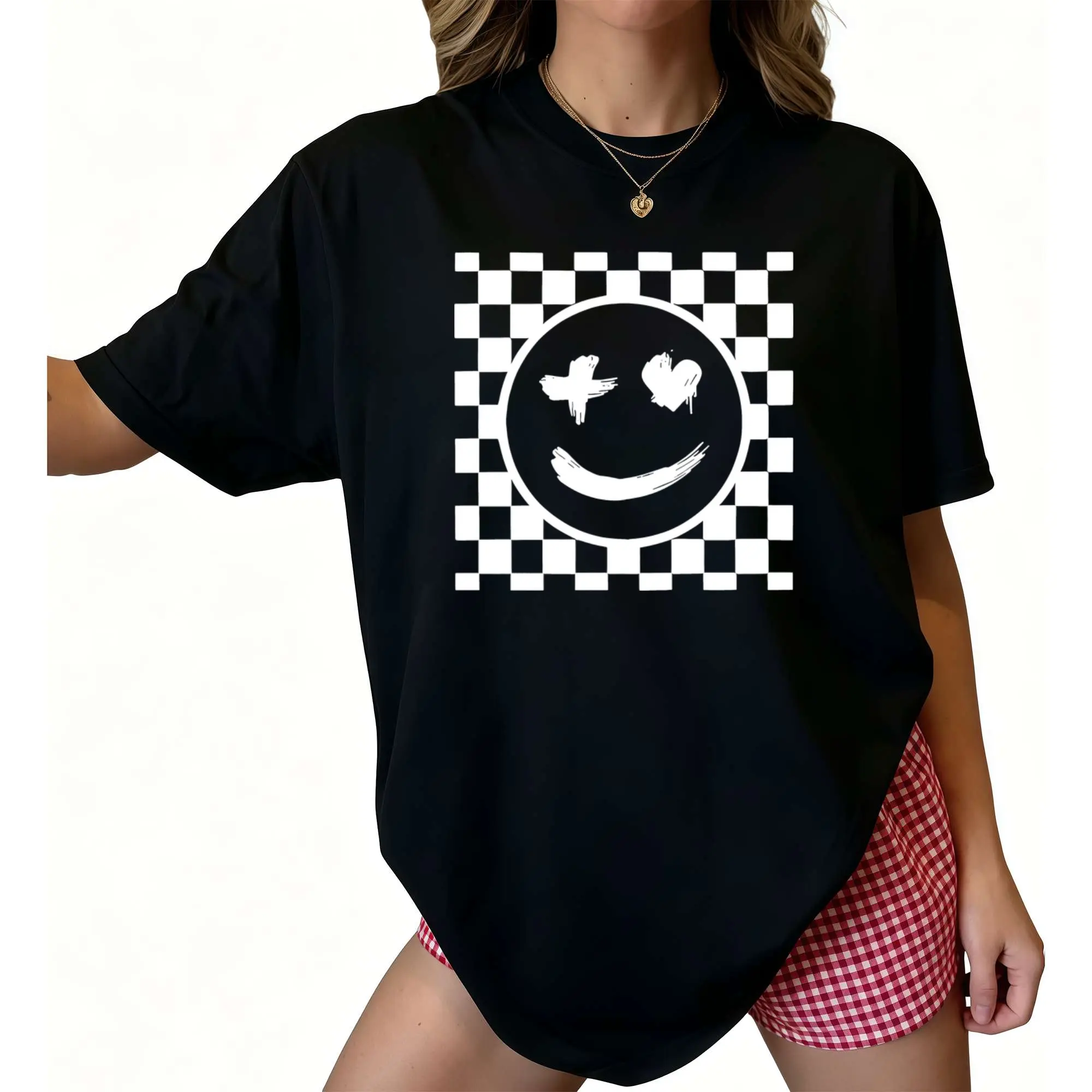 Checkerboard smiling Face Print T-Shirt For Women |     Lightweight, Comfortable Fit, Durable Design, Stylish And Trendy, Ideal For Casual Dining Room Or Living Room Use, Crew Neck, Medium Stretch Fabric
