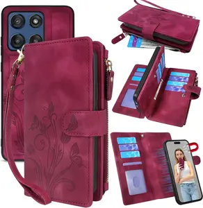 Case Wallet for   G Stylus 5G 2025, [12 Card Slots] ID Credit  Holder Zipper Pocket Detachable Leather Wallet Cover with Wrist Strap LanyardFloral  Red