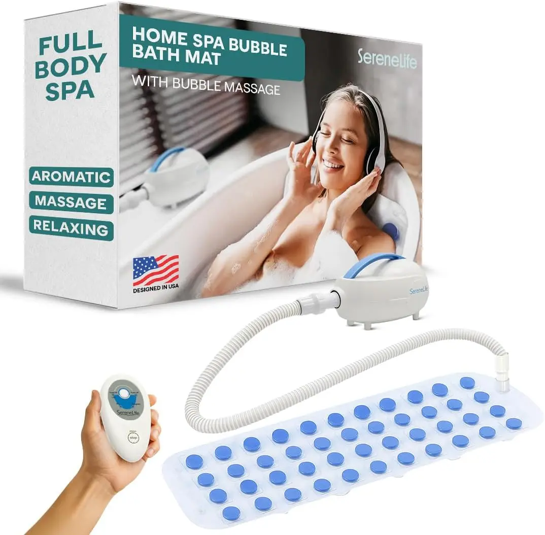Bubble Bath Mat, Bathtub Mat with Air Massage and Remote Control, Waterproof, Non-Slip, Adjustable Bubble Intensity, Aroma Diffuser, 47x14.2 Inch Full Body Spa Massager