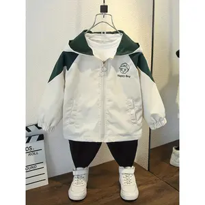 (New)[Cartoon Print Windbreaker]  Boys' Cartoon Print Hooded Windbreaker Jacket |     Casual Zip-Up Coat with Long Sleeves for Spring/Fall