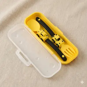 Adorable Car Kids Cutlery Set | Cartoon Engineering Vehicle Theme | Durable PP Material | Lightweight Utensils with Storage Box | Perfect for Toddler Mealtime & Holidays