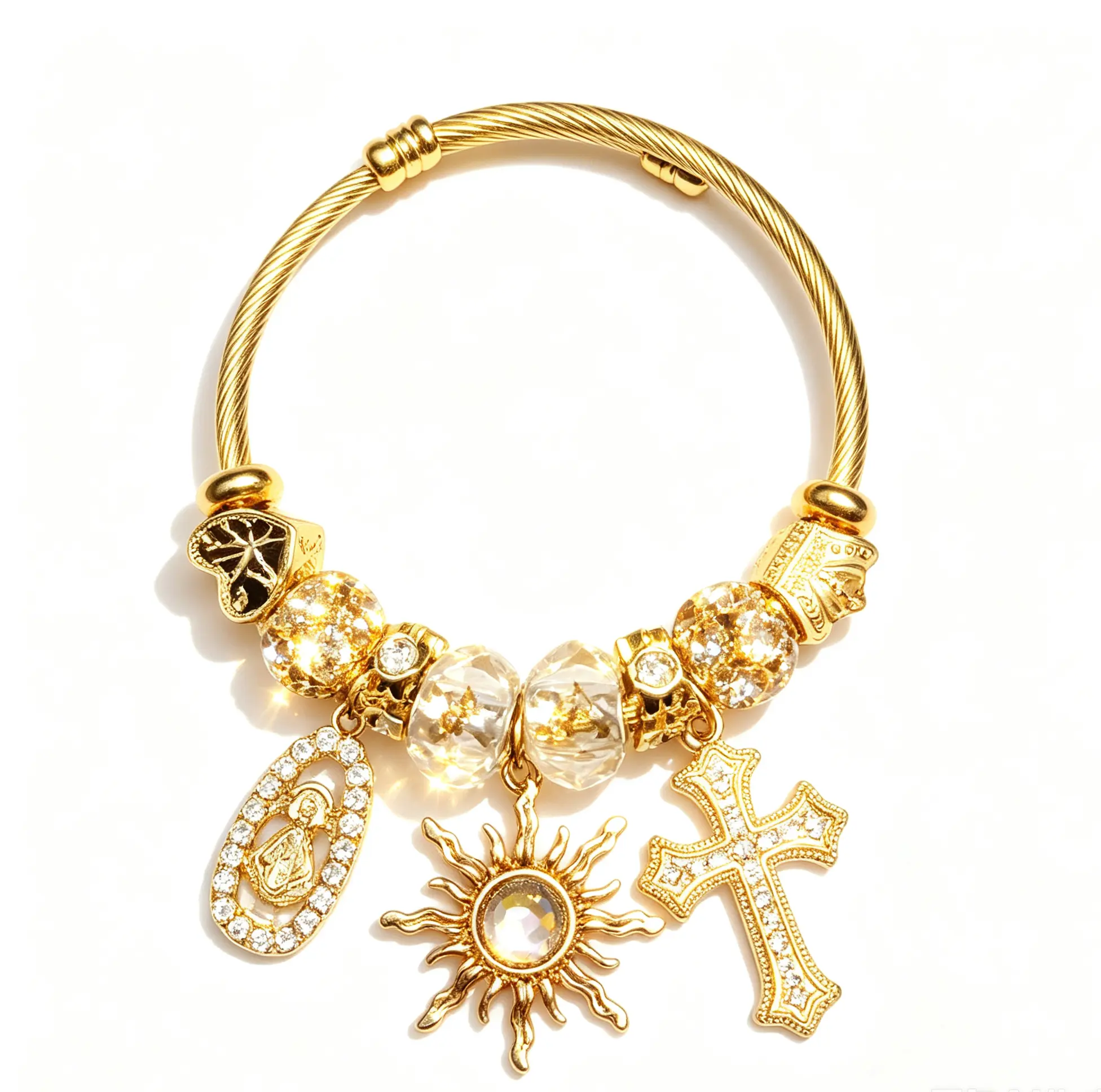 Gold Tone Cross Charm Bracelet for Women, Vintage Sun Pendant Crystal Beaded Bracelet, Elegant Faith Inspired Jewelry Gift