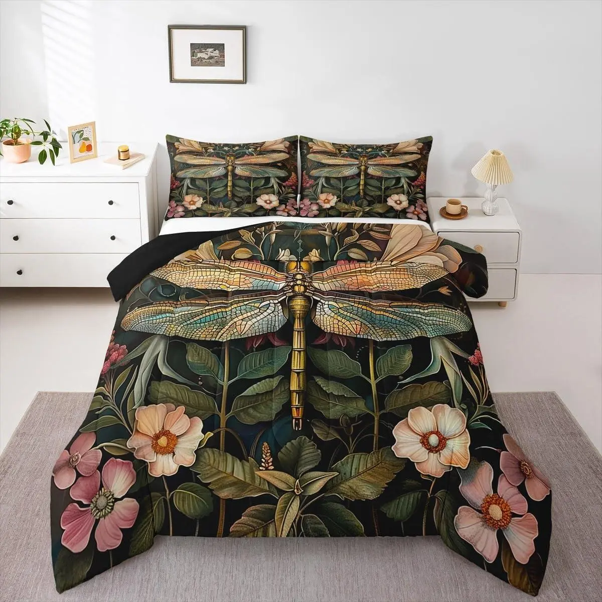 Dragonfly Comforter Set -Daisy Floral Bedding Set Adults Room Decor,Bohemia Style Duvet Insert Vintage Botanical Quilted Duvet Sets