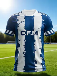 Men's Short Sleeve Football Jersey Blue Striped Cfm Logo Team Emblem, Casual Fitted Long Shirt for Soccer Games and Training, Football Uniform