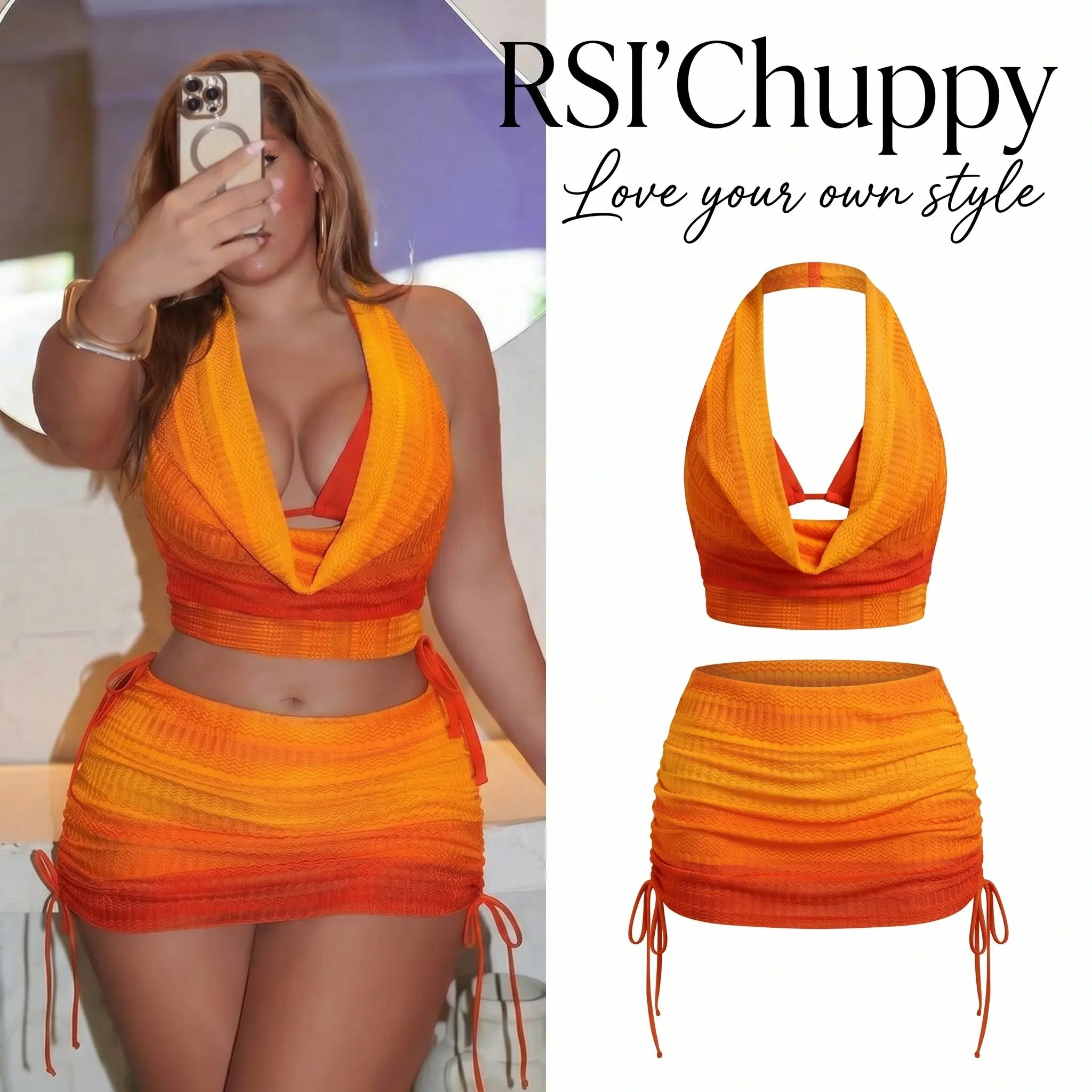 Trendy Plus Size 4 Piece Swimsuit for Women Hollow Out Halter Bikini Set with Ruched Skirt Cover Up Curvy Bathing Suits Summer Beach Vacation Swimwear
